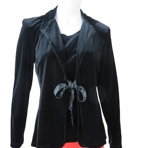 Vintage 70s Notations All-in-One Black Stretch Velvet Tank Jacket S Satin Ribbon Tie Closure