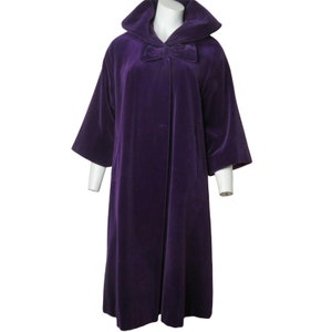 Vintage 1950s Purple Swing Coat Velveteen Bow Pockets Shawl Collar Union Tag