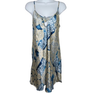 Vintage 70s Inner Most Slip Nightgown M Blue Beige Floral Low Back Intimate USA