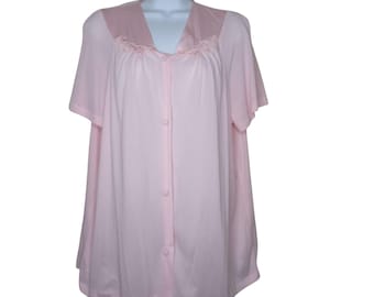 Pijama vintage Vanity Fair de nailon rosa de manga corta con ribete de encaje y botones en la parte delantera, talla grande