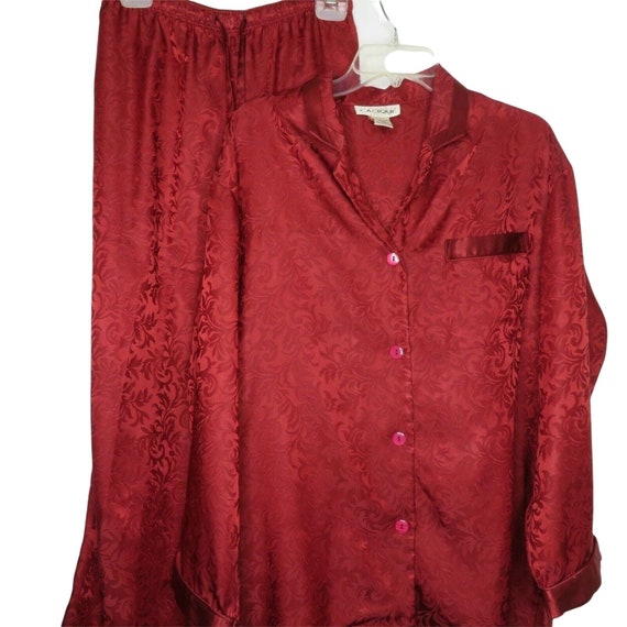 Vintage 90s Y2K Red Satin Brocade Pajama Set L Lo… - image 2