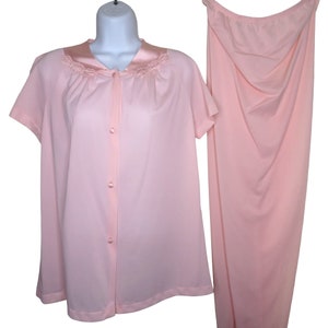 Vintage Vanity Fair Pajama Set Womens Small Pink Nylon Short Sleeve Button Top Long Pants USA Made