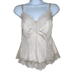 Vintage 80s Beige Lace Trim Satin Camisole Tank Top Womens M Nylon Lingerie USA
