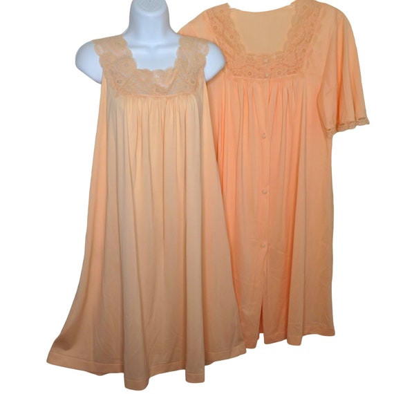 Vintage 70s Peignoir Set Nightgown Robe S Coral O… - image 1