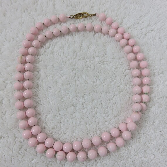 Vintage 50s Pink Metal Beaded Necklace Signed - image 1