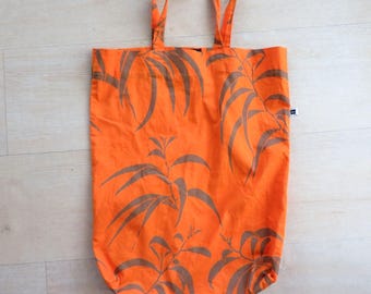 Vintage Sig Zane Designs Hilo Hawaii Orange Brown Koa Print Cotton Tote Bag 17"x14" with Handles