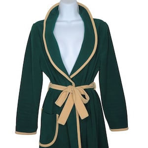 Vintage 70s Vassarette Full Length Dressing Gown Robe L Green Velour Pockets Belted USA Made