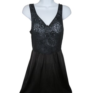 Vintage 80s Lingerie Nylon Dress Slip S Black Lace Sweetheart Knee Length Low Back USA Made