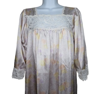 Vintage Christian Dior Full Length Satin Nightgown S Multicolor Lace 3/4 Sleeve Modest