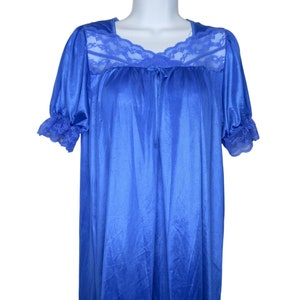 Vintage 70s Texsheen Lingerie Knee Length Nylon Nightgown S Blue Lace Bow Short Sleeve Modest USA Made