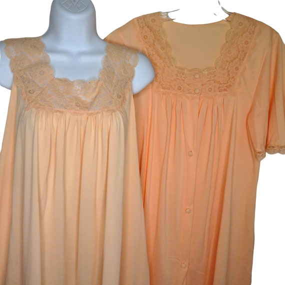 Vintage 70s Peignoir Set Nightgown Robe S Coral O… - image 4