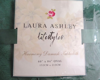 Vintage Laura Ashley Harmony Damast Tischdecke 60 "X 84" Oval Kelly Green