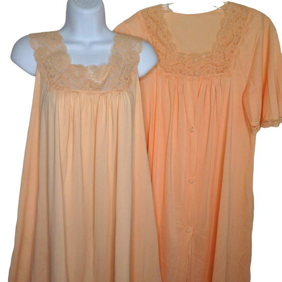 Vintage 70s Peignoir Set Nightgown Robe S Coral O… - image 3