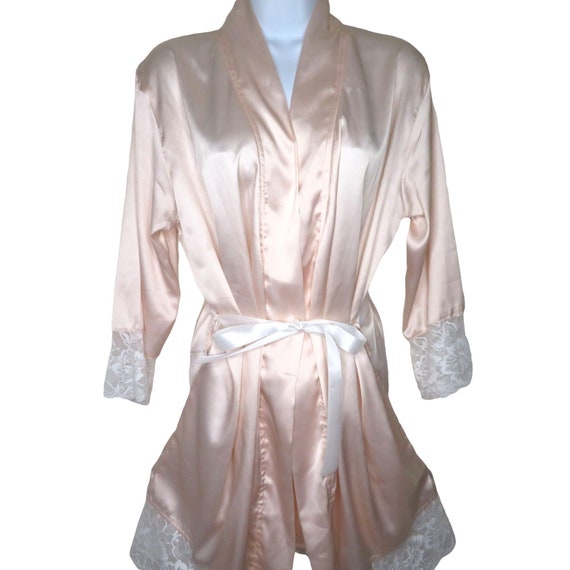 Vintage Sandy Waters Kimono Robe S Pink Wide White Lace Trim New Old Stock View 5