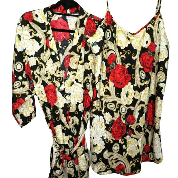 Kleding Dameskleding Pyjamas & Badjassen Nachthemden en tops Vintage romantische stemmingen Peignoir Set 2x nachtjapon robe rode zwarte bloemen lingerie 