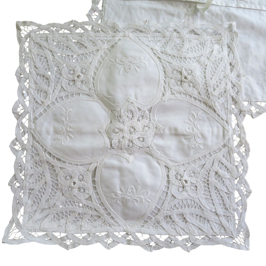 Vintage White Battenburg Lace Shams Pillowcases 2 Throw Pillow Covers