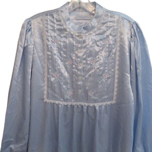 Vintage Erika Taylor Nightgown S Blue Lace Embroidered Buttons Cotton Lined Long Sleeves Deadstock