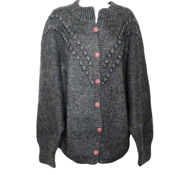Vintage Hand Knitted Cardigan Sweater XL Gray Pur… - image 1