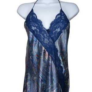 Camicia da notte vintage con slip in raso delicato S multicolore in pizzo blu con schienale basso prodotta negli Stati Uniti
