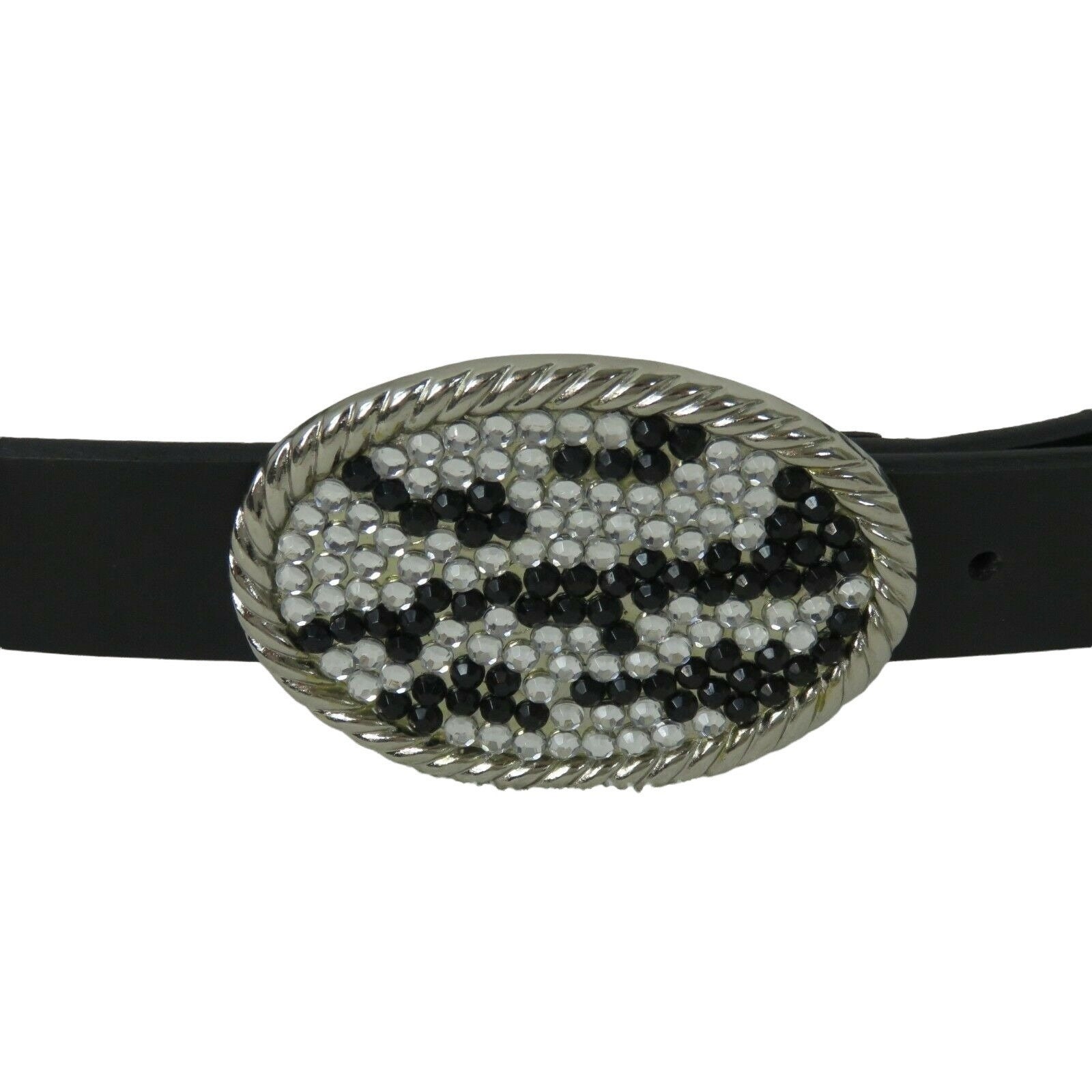Vintage Black Leather Belt with Crystal Buckle size M Vintage 90s Black Leather Belt Crystal Black Rhinestones  main image 4