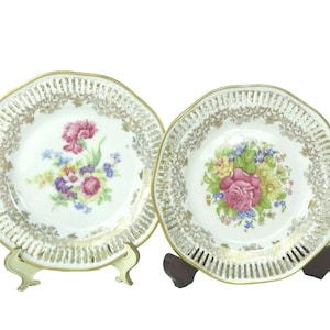 Lot of 2 Winterling Bavaria China Germany Salad Plates Floral Gold Pierced Edge