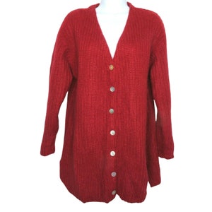Vintage MODA Long Cardigan Sweater S Burgundy Red Mohair Acrylic V Neck Buttons