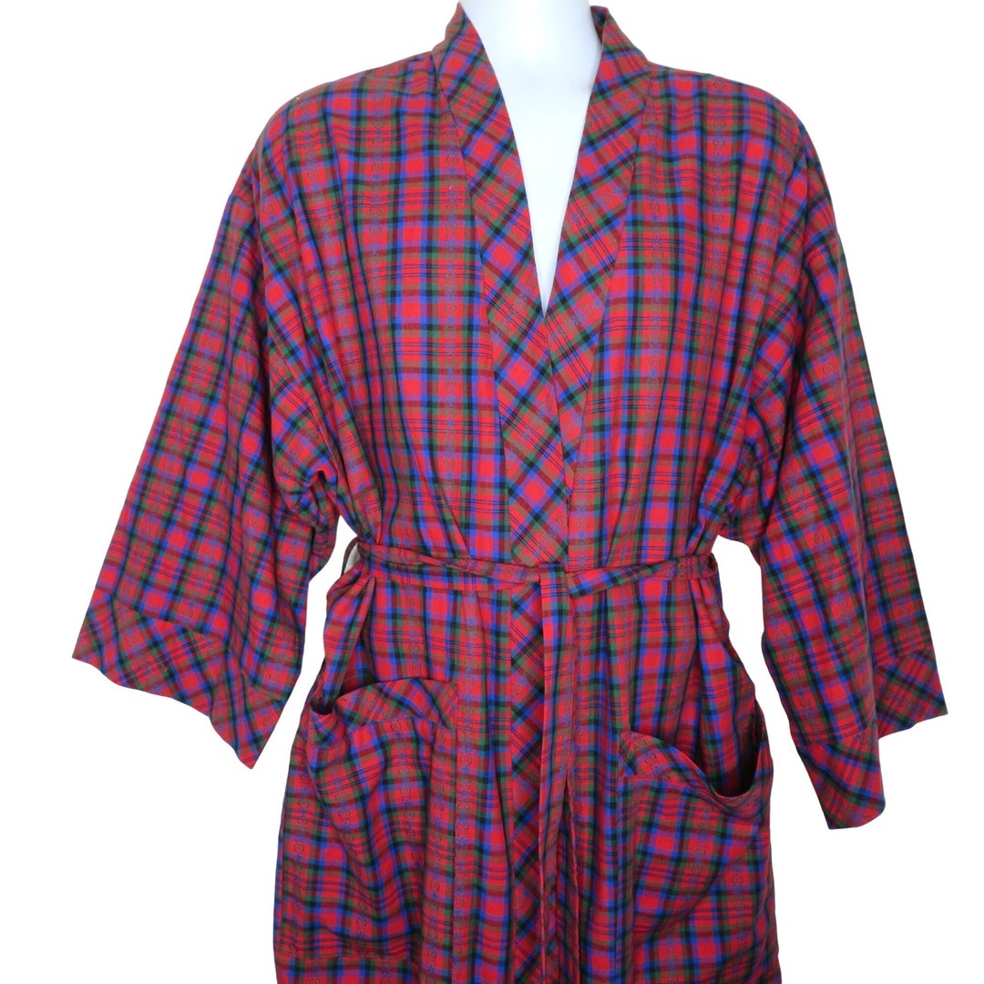 Vintage Mens Robe OS Red Blue Checked Cotton Belted Pockets USA Made ...