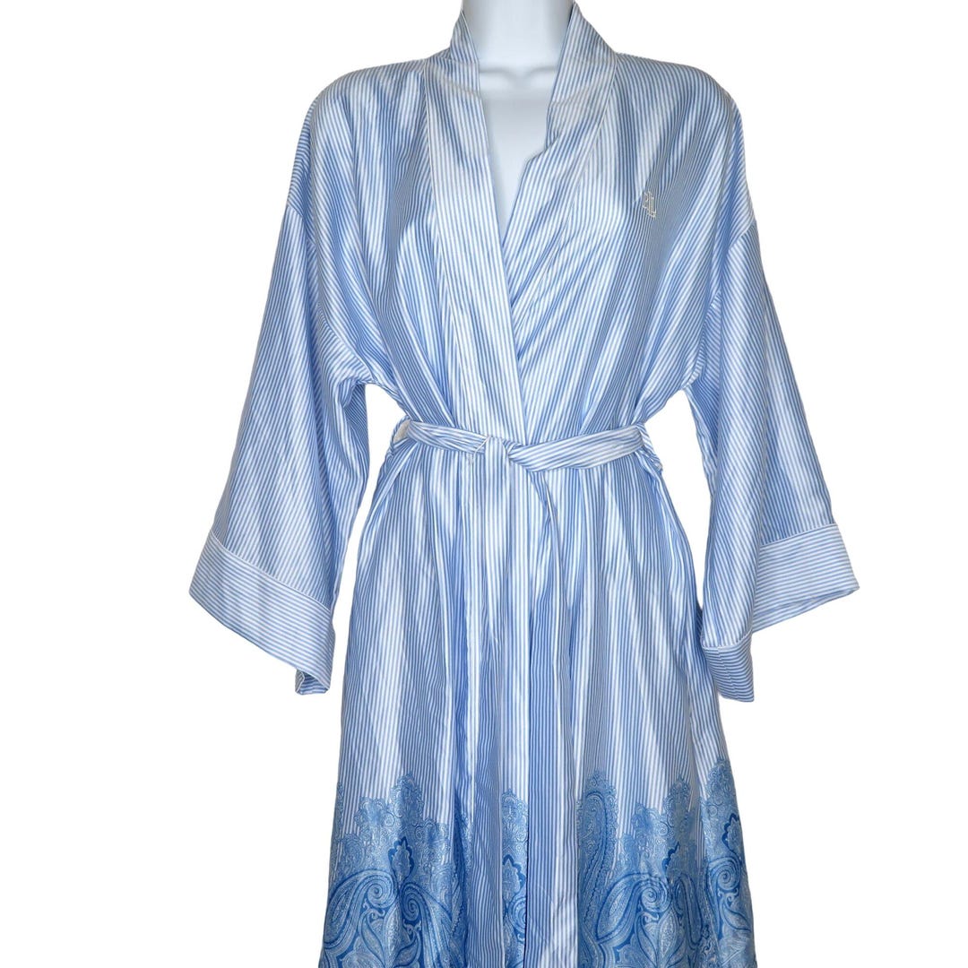 Vintage Ralph Lauren Satin Robe: 90s Y2K Blue Stripe Paisley Hem ...
