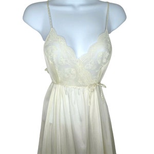 Vintage 70s Full Length White Night Gown XS Slit Leg Empire Tie Back Nylon USA
