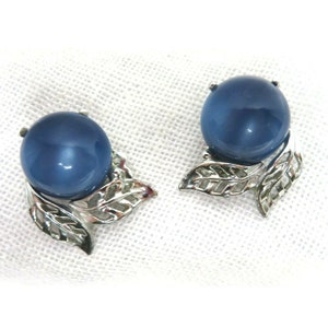 Vintage Mid-Century Clip On Earrings Faux Moonstone Silver Leaf Signed Marked Retro 50s