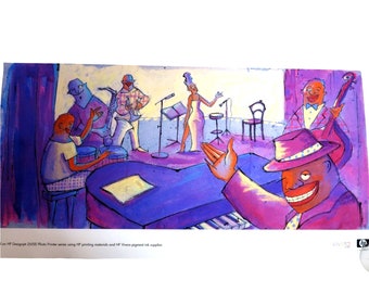 Large Vintage Jazz Band Poster 22 x 42 Bright Blues Purples Unframed