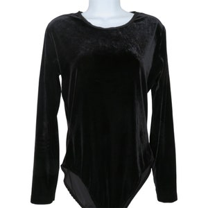 Vintage HUE Velour Bodysuit M Black Long Sleeve Round Elastic Trim Neck Snaps