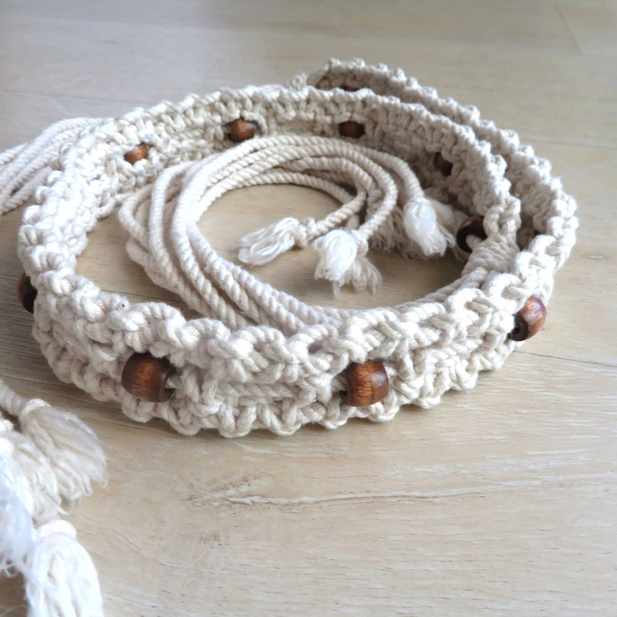Vintage Macrame Tie Belt: Handmade Boho Wooden Bead Belt, 32  display picture 3