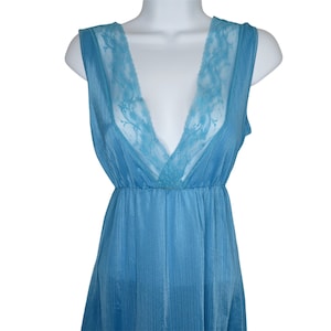 Vintage 60s Full Length Nylon Nightgown XS Blue Sleeveless Lace V Neck and Back Elastic Intimate Romantic USA Made