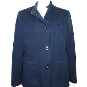Vintage 90s Ralph Lauren Navy Military-Inspired Jacket Women's Size 6 Leather Trim Collar