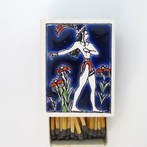 Vintage Wooden Matches Box Holder Painted Ceramic Tile Topped Metal Box Greece Warrior