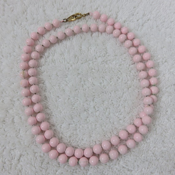 Vintage 50s Pink Metal Beaded Necklace Signed - image 2