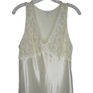 vintage 80s Cinema Etoile Nightgown M White Satin Lace Sleeves Sheer Back Ties