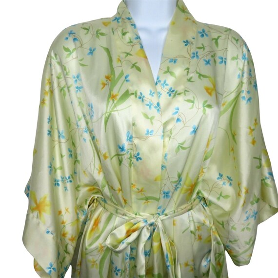 Vintage Morgan Taylor Satin Kimono Robe L M Yellow Blue Floral Knee Length Belted Etsy UK