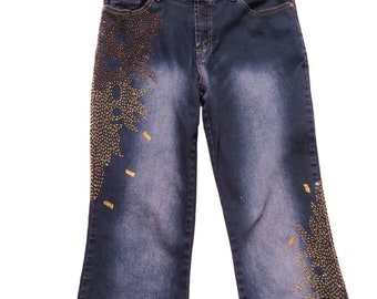 Jeans Vintage Rocker: denim elasticizzato nero con fiamme perline