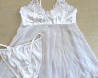 Vintage Babydoll Slip Chemise Nightgown S White Chiffon Beaded Lace Wedding Honeymoon Made in USA