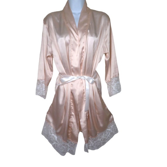 Vintage Sandy Waters Kimono Robe S Pink Wide White Lace Trim New Old Stock View 3