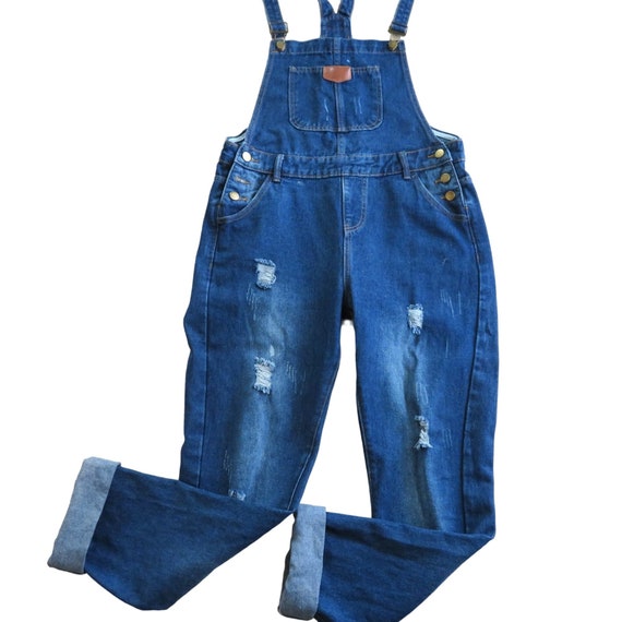 Macacão jeans vintage: jeans azul dos anos 80/90, algodão