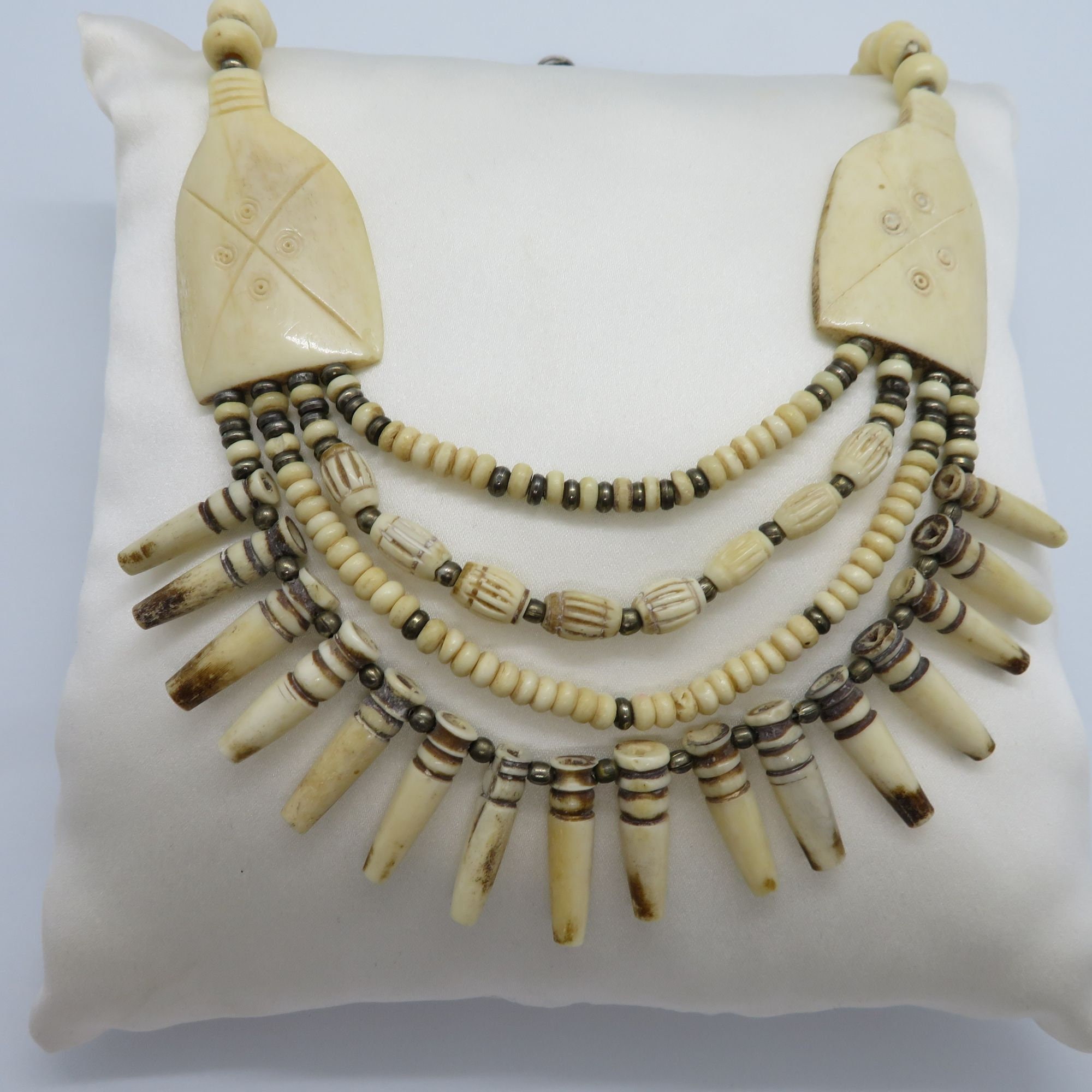 Vintage Artisan Carved Bovine Bone Necklace Multi Strand Silver