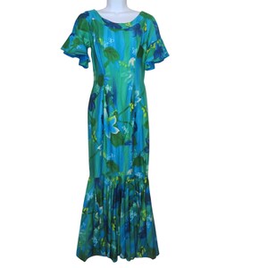 Vintage Hawaiian Maxi Dress: 70s Blue Green Floral MuuMuu, Ruffle Sleeves (XS/S)