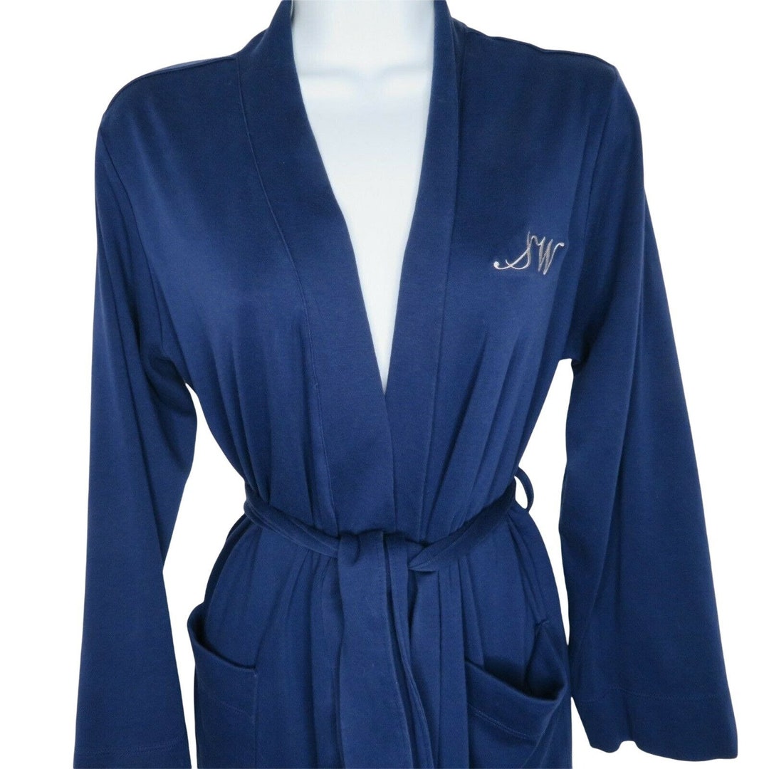 Lands' End Blue Long Lounge Spa Bathrobe Soft Pima Cotton Belt Pockets