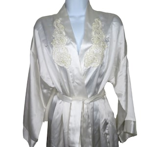 Vintage Dentelle Full Length White Satin Robe L Beaded Lace Embroidery Bridal Honeymoon USA Made