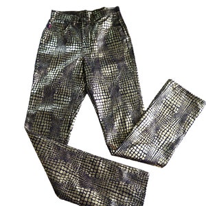 Vintage 80er Jahre Rocker High Rise Gold Matallic Jeans S Snakeskin Gerade Bein Taschen USA Made New Old Stock