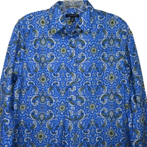 Vintage 70s Lands&#39; End Tunic Top Blouse 10 Blue Paisley No Iron Cotton Long Sleeve