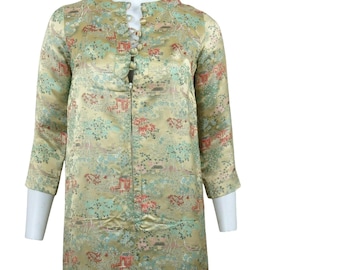 Vintage Traditional Silk Midi Dress S Gold Cheong-sam Qipao